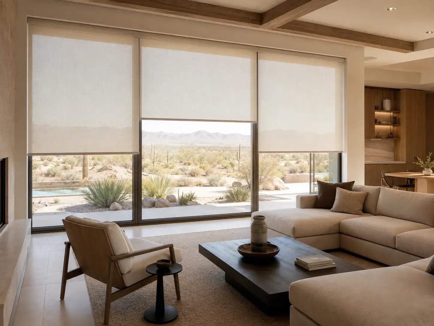 Modern Las Vegas great room with clean motorized roller shades across large windows