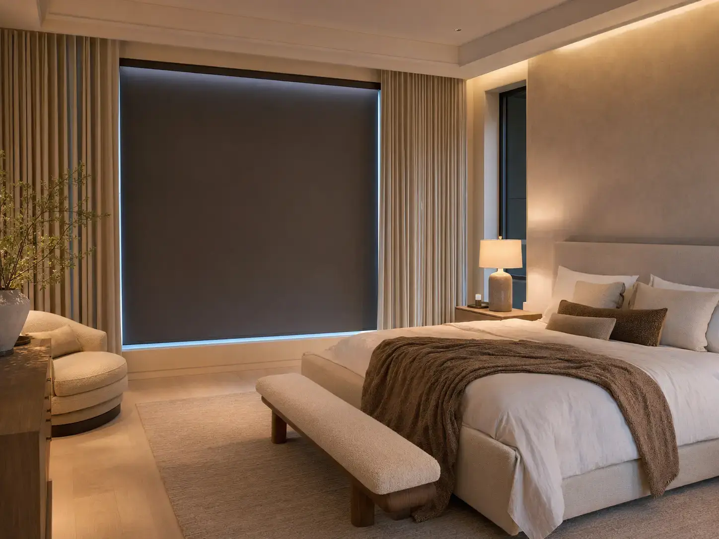 Motorized shades in a comfortable bedroom controlled for privacy and light