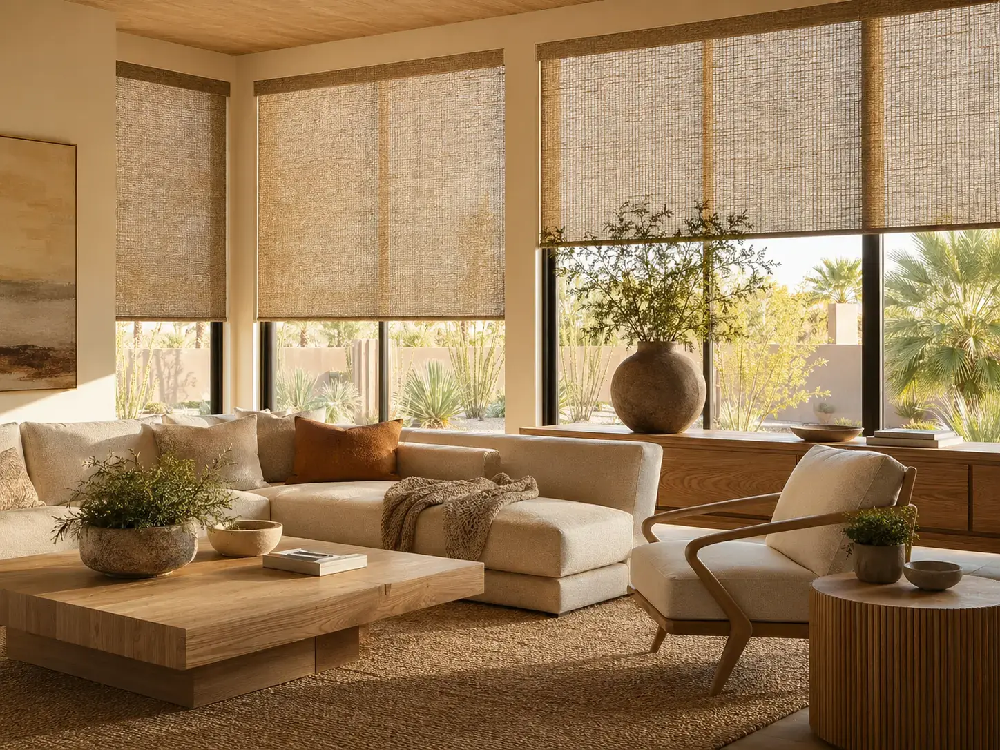 Warm Las Vegas living room with motorized shades planned into the windows