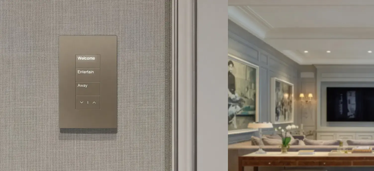 Architectural Lutron scene keypad installed beside a Las Vegas living room