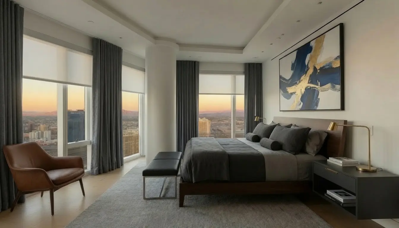Modern Las Vegas great room with motorized shades across broad glass