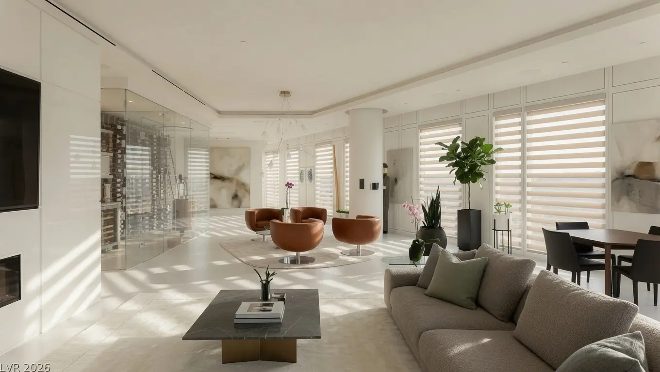 Las Vegas high-rise living room with motorized zebra shades across tall windows