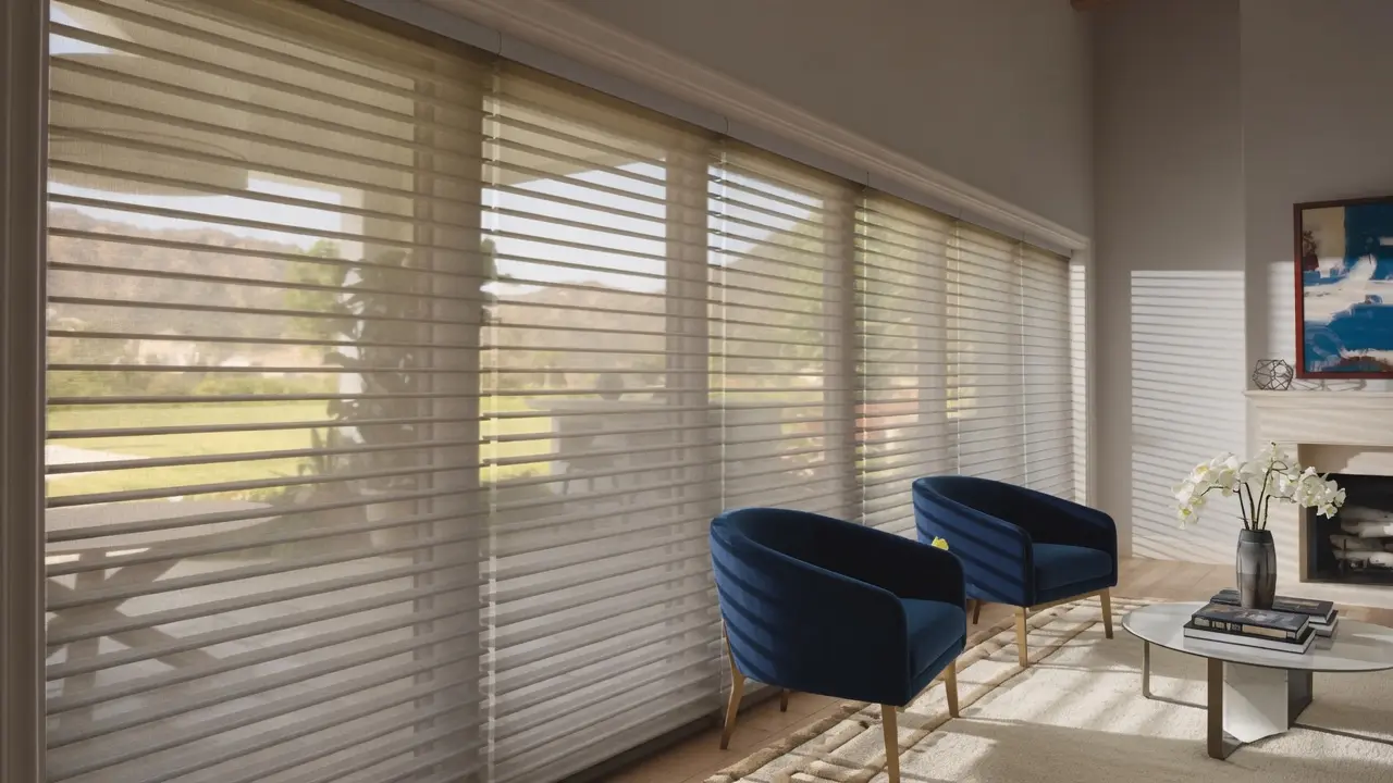 Celeste motorized sheer shades filtering sunlight across a Summerlin living room