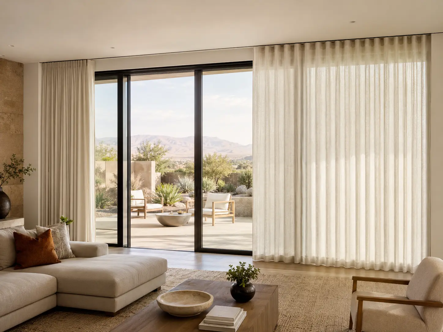 Motorized ripple-fold drapery across a sliding patio door
