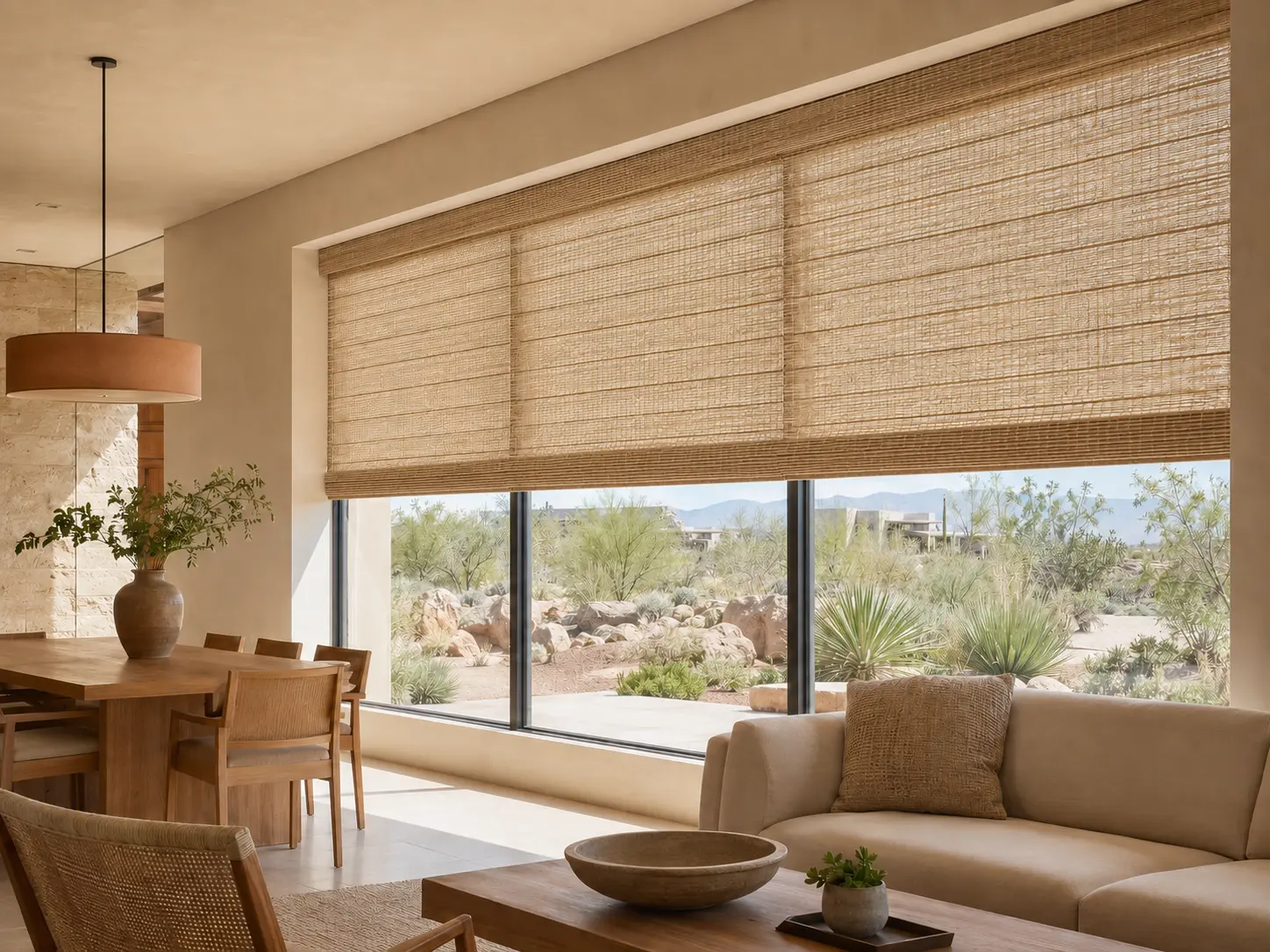 Motorized natural woven shades with organic fiber texture