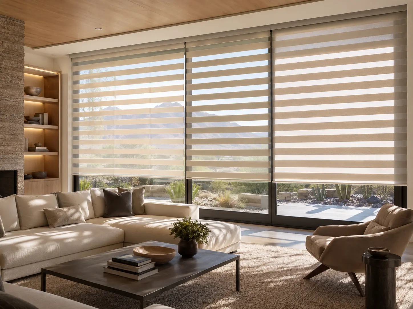 Modern Las Vegas living room with motorized layered shades and desert daylight