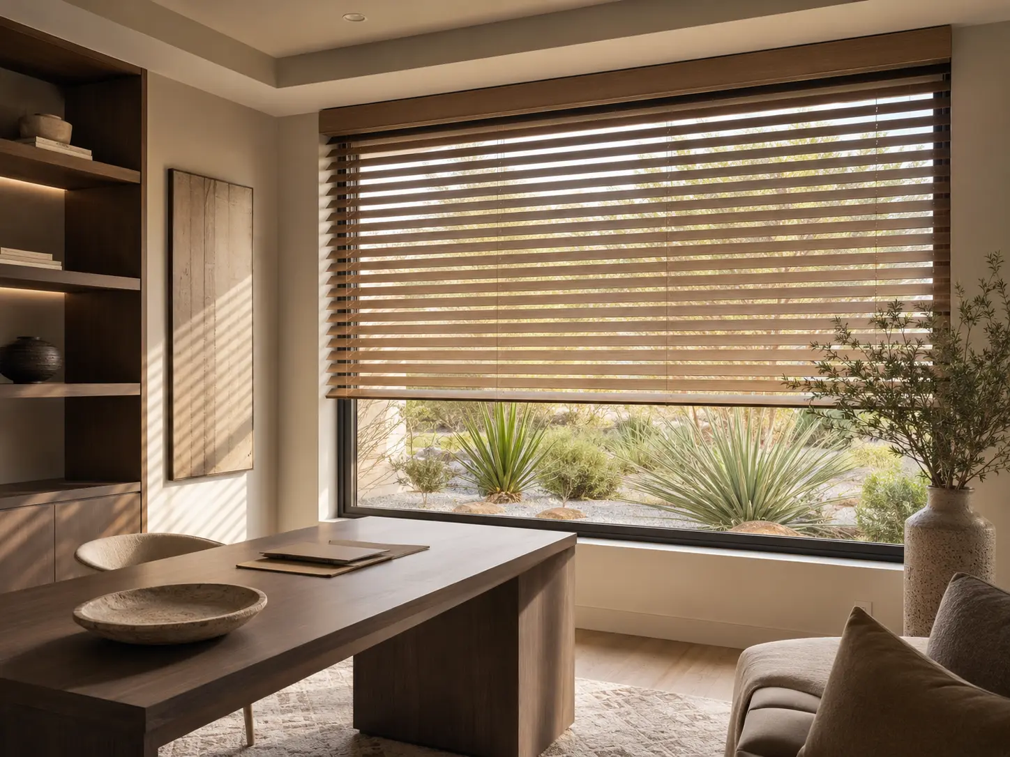 Motorized horizontal wood blinds in a refined interior